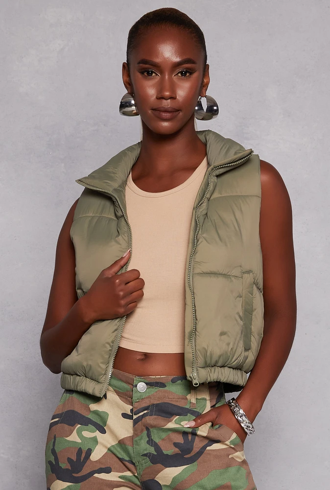 Womens Nylon Zip Front Puffer Vest, Green,