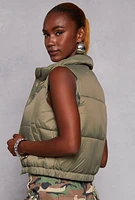Womens Nylon Zip Front Puffer Vest, Green,