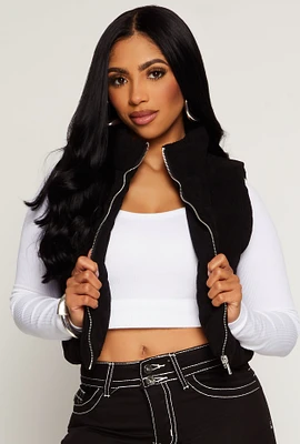 Womens Corduroy Zip Front Cropped Puffer Vest,