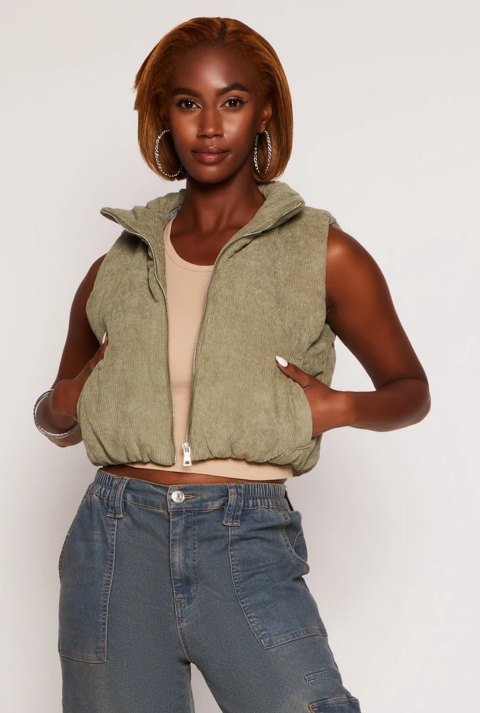 Womens Corduroy Zip Front Cropped Puffer Vest, Green,