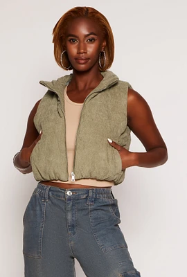 Womens Corduroy Zip Front Cropped Puffer Vest, Green,