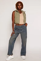 Womens Corduroy Zip Front Cropped Puffer Vest, Green,