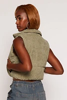 Womens Corduroy Zip Front Cropped Puffer Vest, Green,