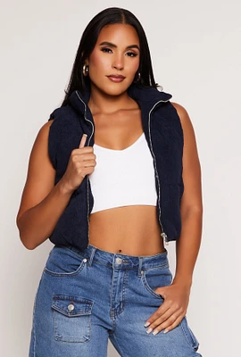 Womens Corduroy Zip Front Cropped Puffer Vest, Blue, Size S