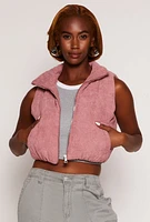 Womens Corduroy Zip Front Cropped Puffer Vest, Pink, Size S