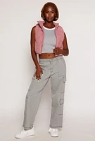 Womens Corduroy Zip Front Cropped Puffer Vest, Pink, Size M