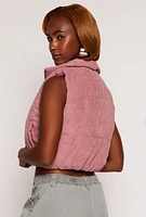 Womens Corduroy Zip Front Cropped Puffer Vest, Pink, Size M