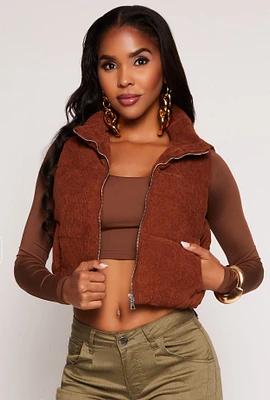 Womens Corduroy Zip Front Cropped Puffer Vest, S