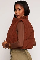 Womens Corduroy Zip Front Cropped Puffer Vest, S