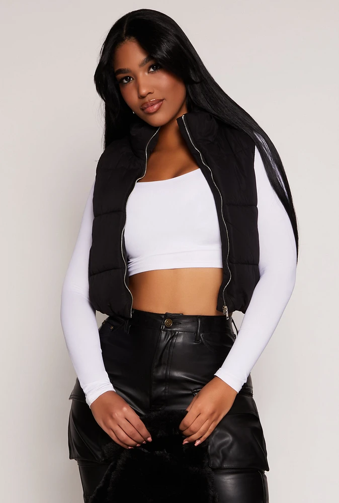 Womens Zip Front Cropped Puffer Vest, Black, Size S