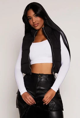 Womens Zip Front Cropped Puffer Vest, Black, Size S
