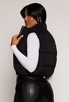 Womens Zip Front Cropped Puffer Vest, Black, Size S