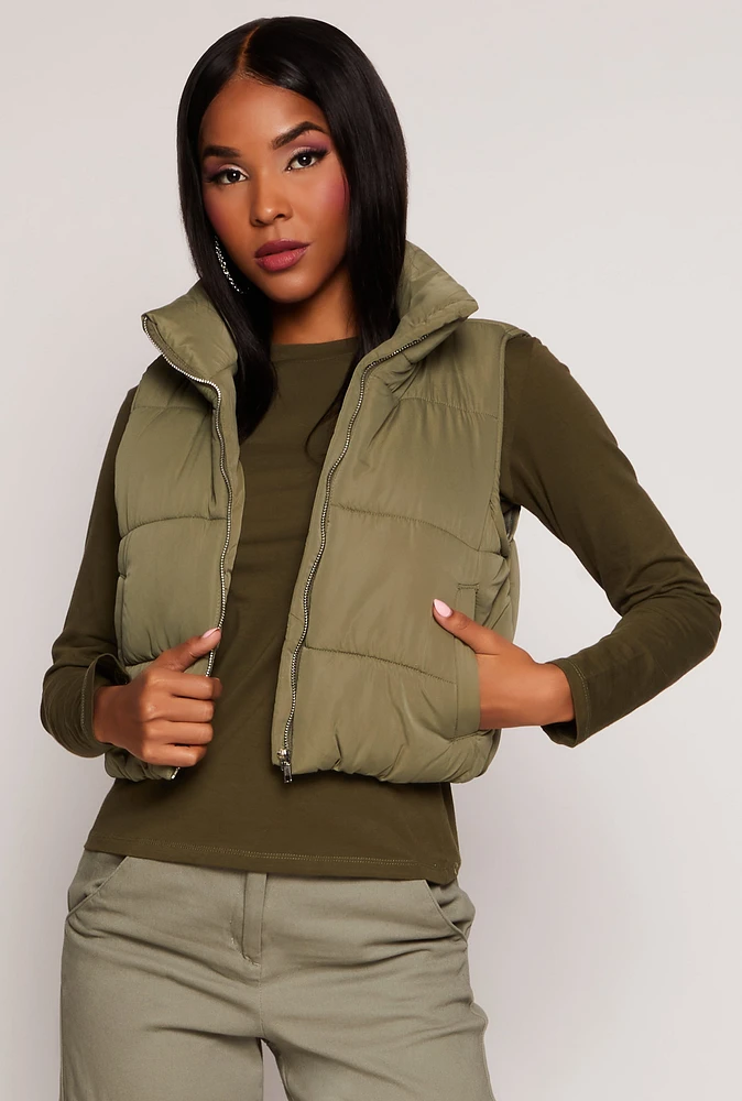 Womens Zip Front Cropped Puffer Vest, Green, Size L