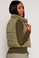 Womens Zip Front Cropped Puffer Vest, Green, Size L