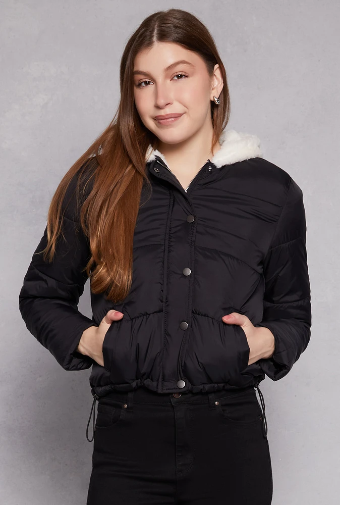 Womens Faux Fur Lined Puffer Jacket, Black, Size S