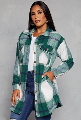 Womens Plaid Long Shacket, Green, Size S