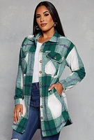 Womens Plaid Long Shacket, Green, Size S