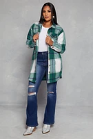 Womens Plaid Long Shacket, Green, Size S