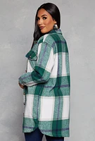 Womens Plaid Long Shacket, Green, Size S