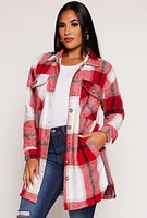 Womens Plaid Long Shacket, Red, Size S