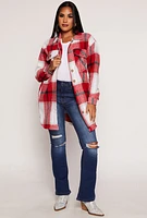 Womens Plaid Long Shacket, Red, Size S