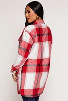 Womens Plaid Long Shacket, Red, Size S