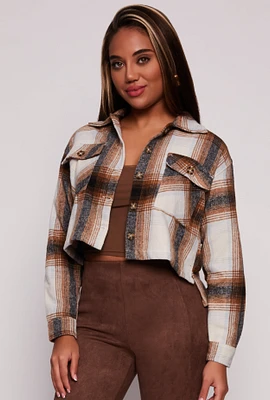 Womens Brush Knit Plaid Cropped Shacket, Brown, Size S