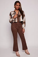 Womens Brush Knit Plaid Cropped Shacket, Brown, Size XL