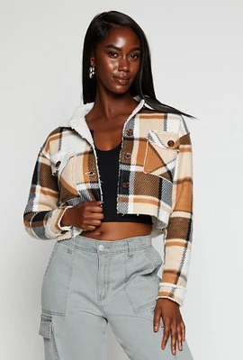 Womens Plaid Sherpa Lined Raw Hem Button Front Shacket, Brown, Size L