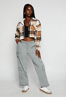 Womens Plaid Sherpa Lined Raw Hem Button Front Shacket, Brown, Size L