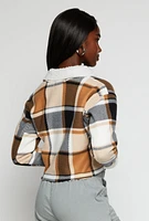 Womens Plaid Sherpa Lined Raw Hem Button Front Shacket, Brown, Size L