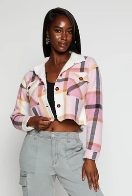 Womens Plaid Sherpa Lined Raw Hem Button Front Shacket, Pink, Size S