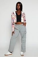 Womens Plaid Sherpa Lined Raw Hem Button Front Shacket, Pink, Size M