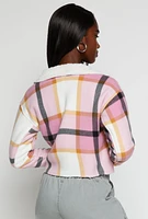 Womens Plaid Sherpa Lined Raw Hem Button Front Shacket, Pink, Size S