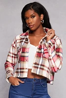 Womens Plaid Sherpa Lined Cropped Button Front Shacket, Red, Size S