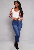 Womens Plaid Sherpa Lined Cropped Button Front Shacket, Red, Size S