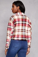 Womens Plaid Sherpa Lined Cropped Button Front Shacket, Red, Size S