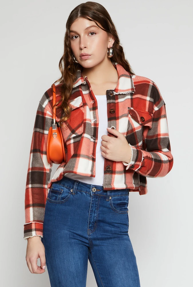 Womens Plaid Sherpa Lined Cropped Button Front Shacket, Red, Size L