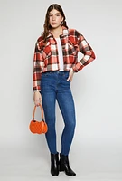Womens Plaid Sherpa Lined Cropped Button Front Shacket, Red, Size L