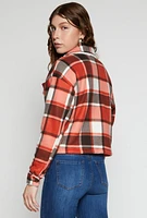 Womens Plaid Sherpa Lined Cropped Button Front Shacket, Red, Size L