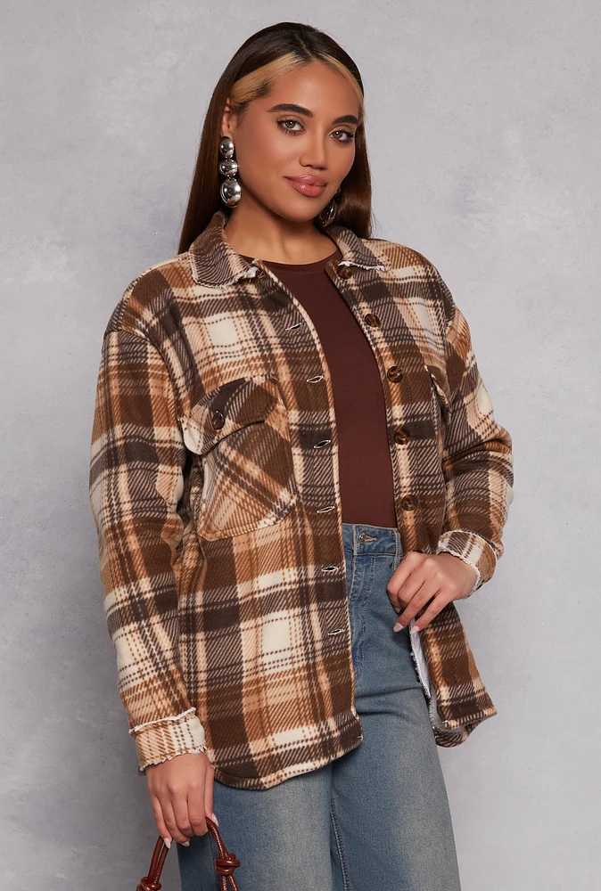 Womens Plaid Sherpa Lined Button Front Shacket, Brown, Size M