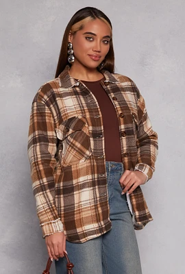 Womens Plaid Sherpa Lined Button Front Shacket, Brown, Size M