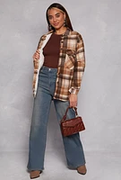 Womens Plaid Sherpa Lined Button Front Shacket, Brown, Size M