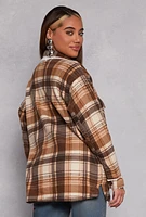Womens Plaid Sherpa Lined Button Front Shacket, Brown, Size M