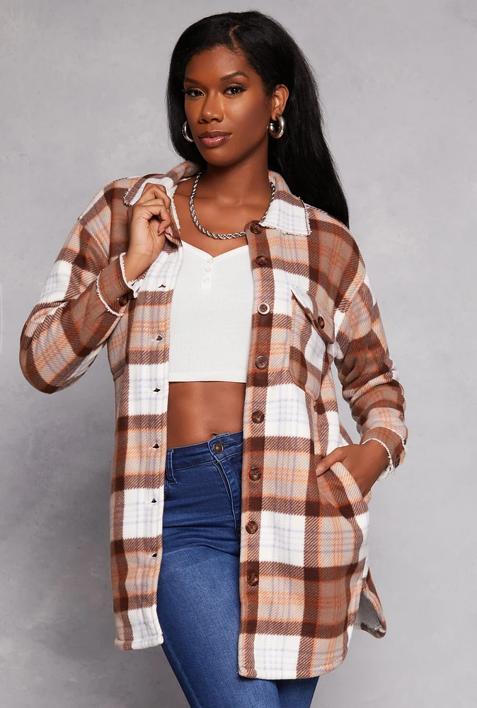 Womens Plaid Button Front Long Shacket, Brown, Size S
