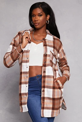 Womens Plaid Button Front Long Shacket, Brown, Size S