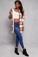 Womens Plaid Button Front Long Shacket, Brown, Size S