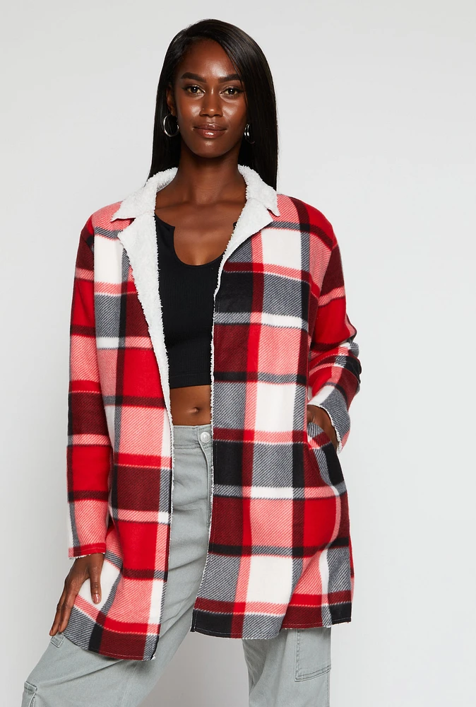 Womens Plaid Open Front Coat, Red, Size L