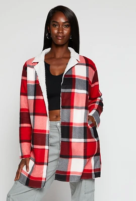 Womens Plaid Open Front Coat, Red, Size L