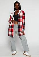 Womens Plaid Open Front Coat, Red, Size XL